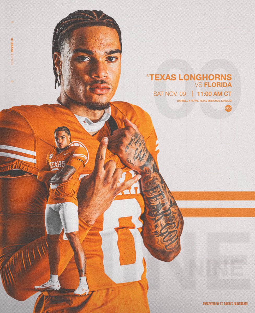 Back in DKR 🤘

🏈 Texas vs. Florida 
📅 Saturday, Nov. 9 | 11 AM CT
📍DKR-Texas Memorial Stadium
📺 ABC
Presented by St. David’s HealthCare