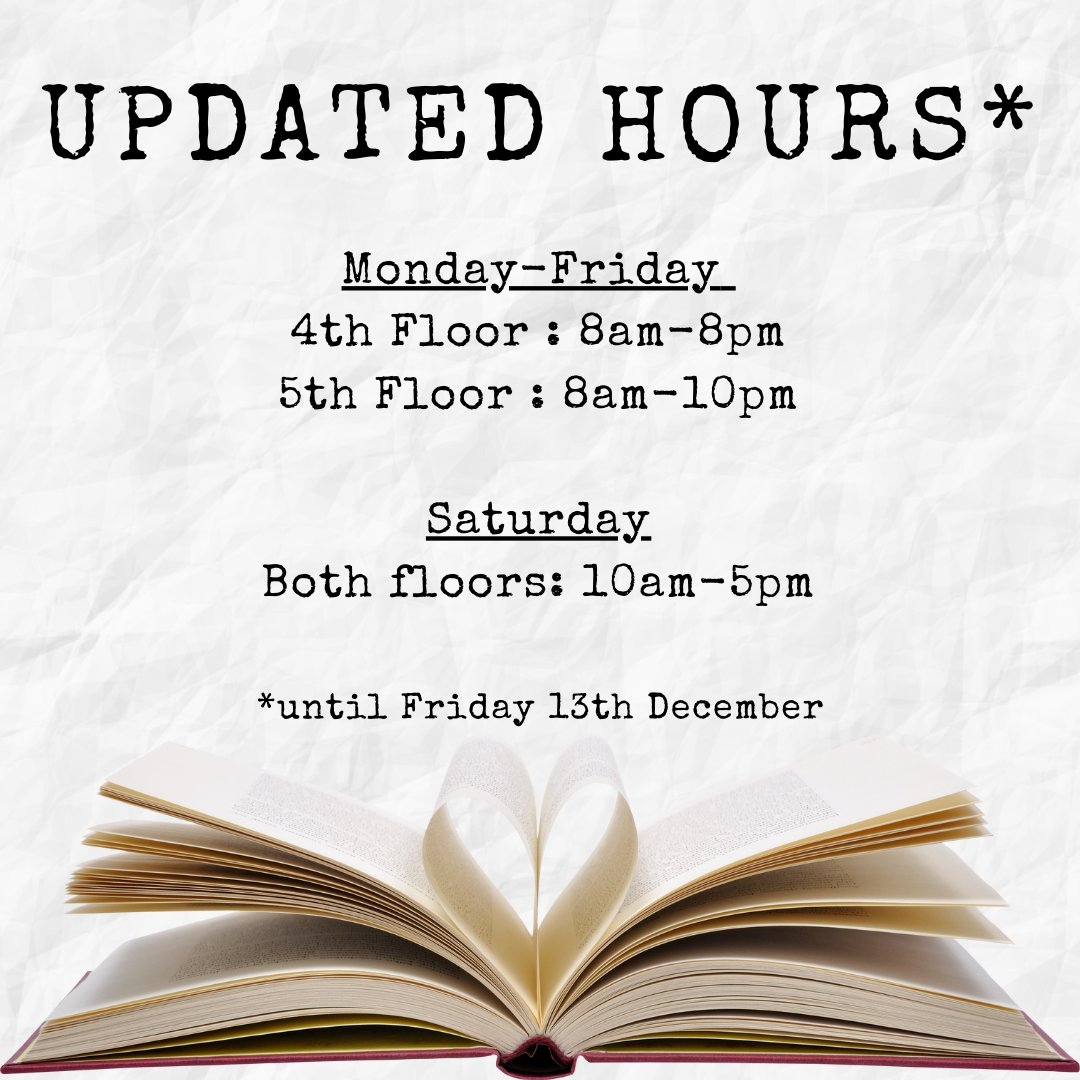 NCILibrary's tweet photo. The library will have extended opening hours until Friday 13th December. The library 4th floor will close on weekdays at 8pm as usual, but students may still use the library 5th floor until 10pm. Please note there will be no borrowing services after 8pm. https://t.co/b8qFPdqCDS