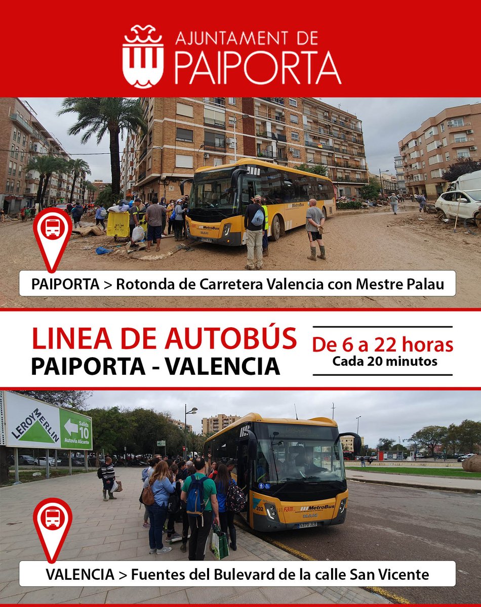 Ajunt_Paiporta's tweet image. 🚌 LINEA DE AUTOBÚS 🚌 
Paiporta - Valencia
🕐 De 6:00 a 22:00 h
👉 Cada 20 minutos 

La ruta es de Paiporta (rotonda de Carretera Valencia con Mestre Palau) hasta "Fonts del Bulevard" de la calle San Vicente y viceversa.