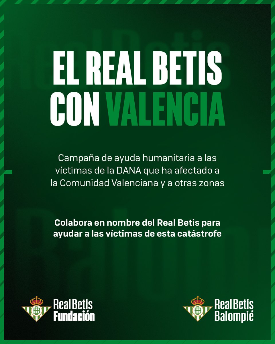 Real Betis Balompié 🌴💚 (@realbetis) on Twitter photo El #RealBetis, con Valencia 💚
El Club y la <a href="/RBetisFundacion/">Fundación Real Betis</a> harán una aportación inicial de 100.000 euros y los aficionados podrán realizar sus donaciones a través de la web realbetisconvalencia.es 💳
Además, desde hoy se podrá donar material de ayuda humanitaria en la Ciudad El #RealBetis, con Valencia 💚
El Club y la <a href="/RBetisFundacion/">Fundación Real Betis</a> harán una aportación inicial de 100.000 euros y los aficionados podrán realizar sus donaciones a través de la web realbetisconvalencia.es 💳
Además, desde hoy se podrá donar material de ayuda humanitaria en la Ciudad