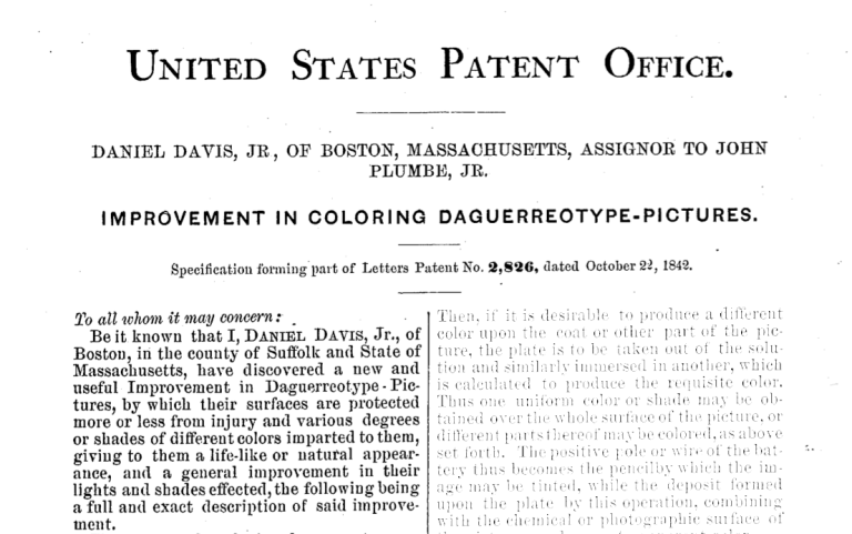 RealPreCinema's tweet photo. With his brother Ari, Davis set up as a #Daguerrean equipment manufacturer that same year. His 1842 patent Nº 2286 for colouring Daguerreotypes was the third issued in #photography (top half below). #AriDavis #USpatent https://t.co/IiEFYsgKuq