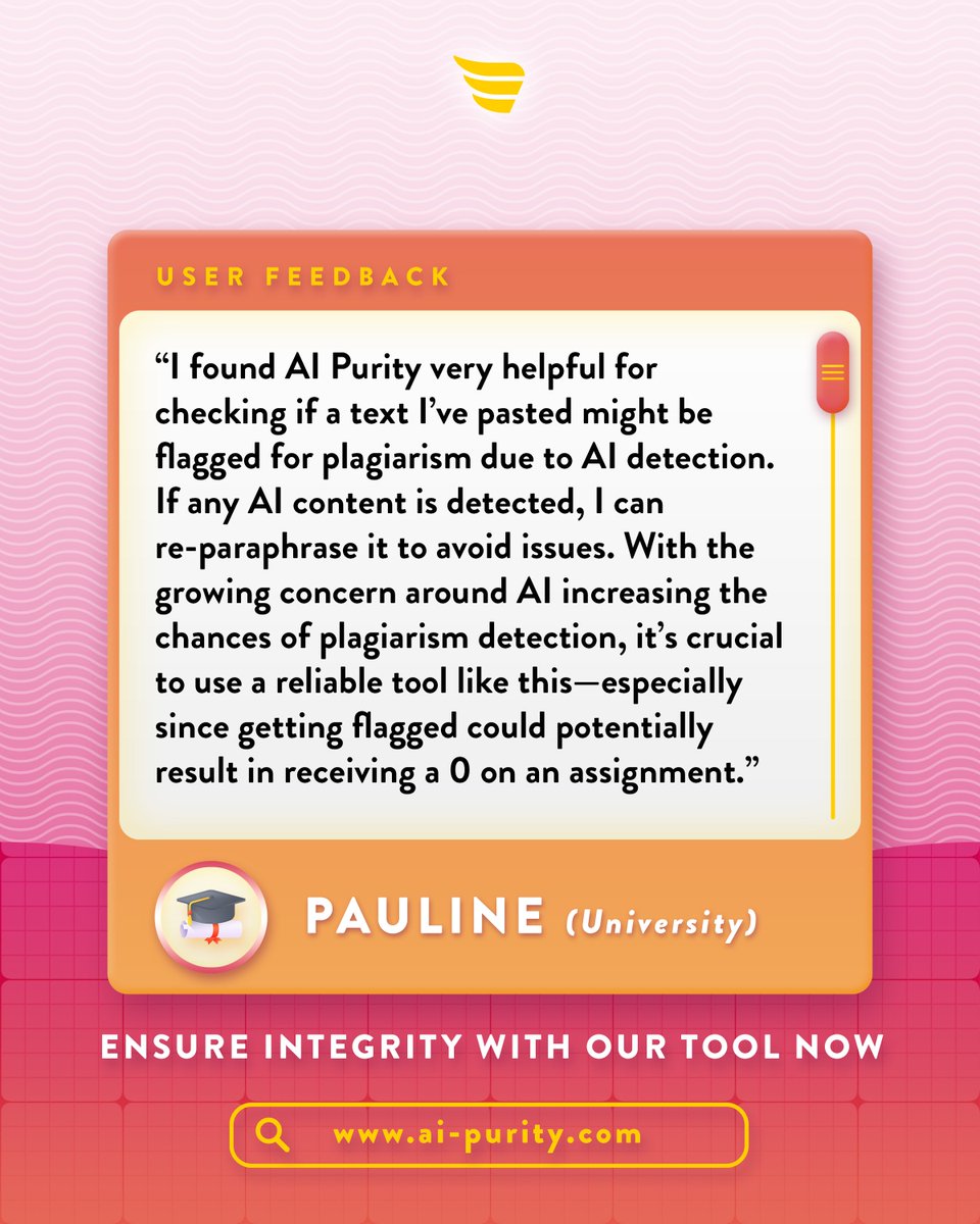 AI_Purity's tweet photo. For university student Pauline, AI Purity has been an essential tool for ensuring her work doesn’t get flagged for AI-generated content. 📃🤖

Ensure your work stays authentic—use AI Purity to check your content today! 🔍

🌐 https://t.co/VXuCg6gZ3w https://t.co/aJIqKeckxq