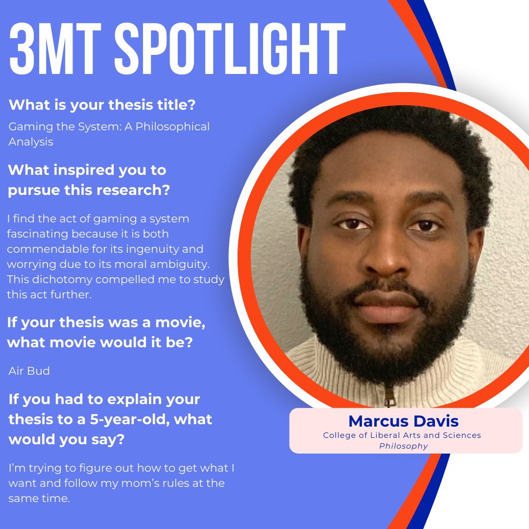 Meet Marcus Davis from the <a href="/UF_CLAS/">UF College of Liberal Arts and Sciences</a> His thesis, “Gaming the System: A Philosophical Analysis,” dives into the ethical questions surrounding gaming and modern systems.

Stay tuned as we continue our countdown to showcase more amazing finalists!