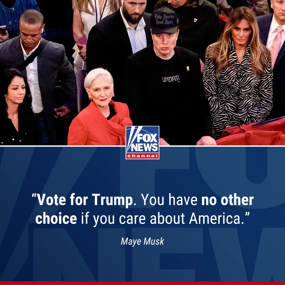 FoxNews's tweet photo. 'NO OTHER CHOICE': Elon Musk’s mom @MayeMusk weighs in on the historic 2024 election as she pledges her support for former President Trump. https://t.co/h4LZpddct0 https://t.co/RBDbToVdAE