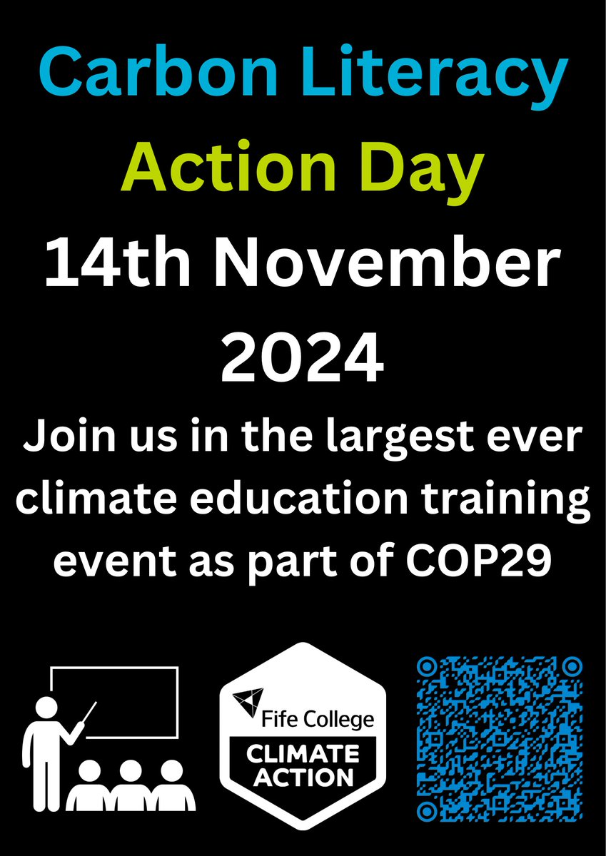 CARBON LITERACY ACTION DAY
Thursday 14 November 2024
Our Sustainability Team are offering free, accredited training for students from 9-5 in the Climate Hub at Dunfermline Campus (Room 3.17); or you can join online. 

To register scan the QR code below: