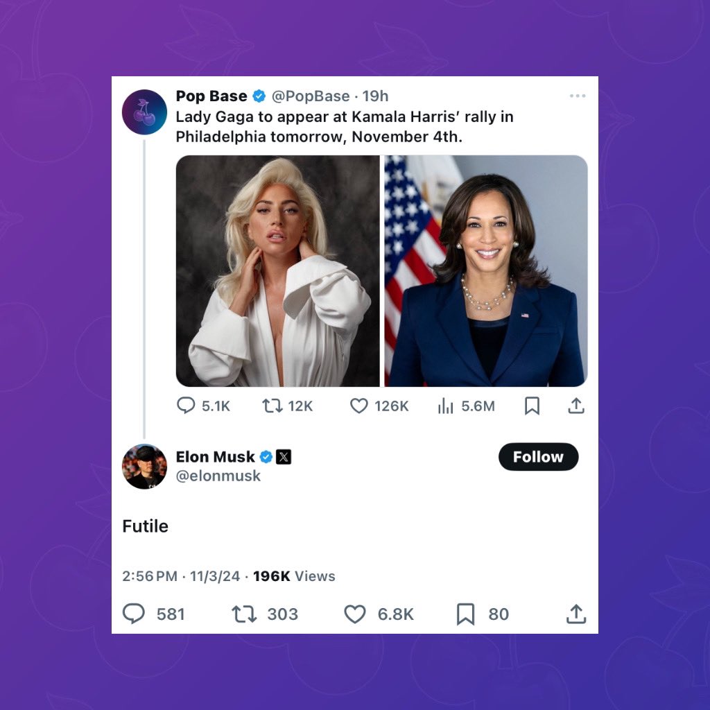 PopBase's tweet photo. Elon Musk reacts to news of Lady Gaga appearing at Kamala Harris’ rally:

“Futile�� https://t.co/AJDz0aQoIA