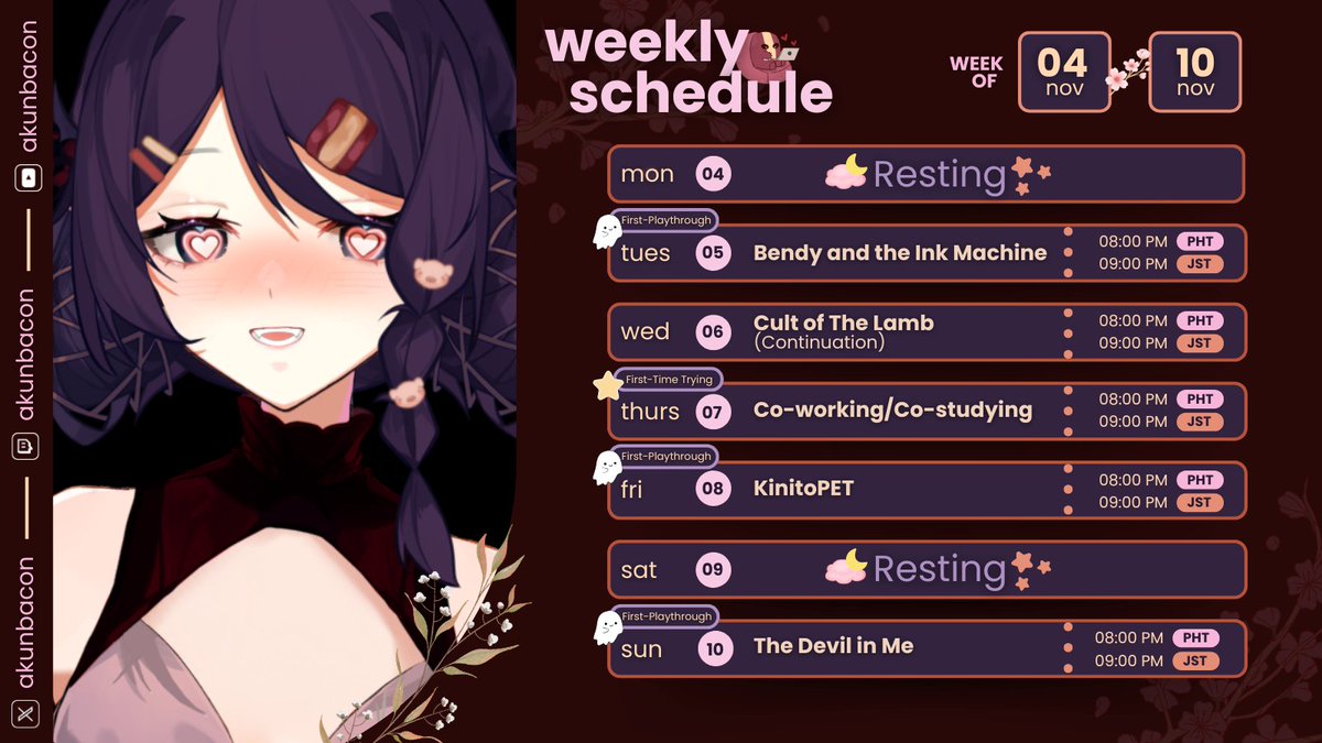 AkunBacon's tweet photo. Schedule for this week~! (づ  ̄ ³ ̄)づ🥓
━━✫・*。
🥓General: #Akunbacon
🥓LIVE: #BaconLIVE
🥓Art: #AkunARTbacon
⌜#ENVtubers • #Vtubers • #VtuberUprisings https://t.co/uYrSGrEODr