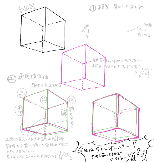 ②でトレスに近いとこまで描けるよう
重ねては描き直すして言葉で気づきをまとめる
のが上手くいきそう。
これで1時間掛かってしまうので、少しずつ時間短縮も目指したいところ!
#今日の気づき
#ちよ箱練 