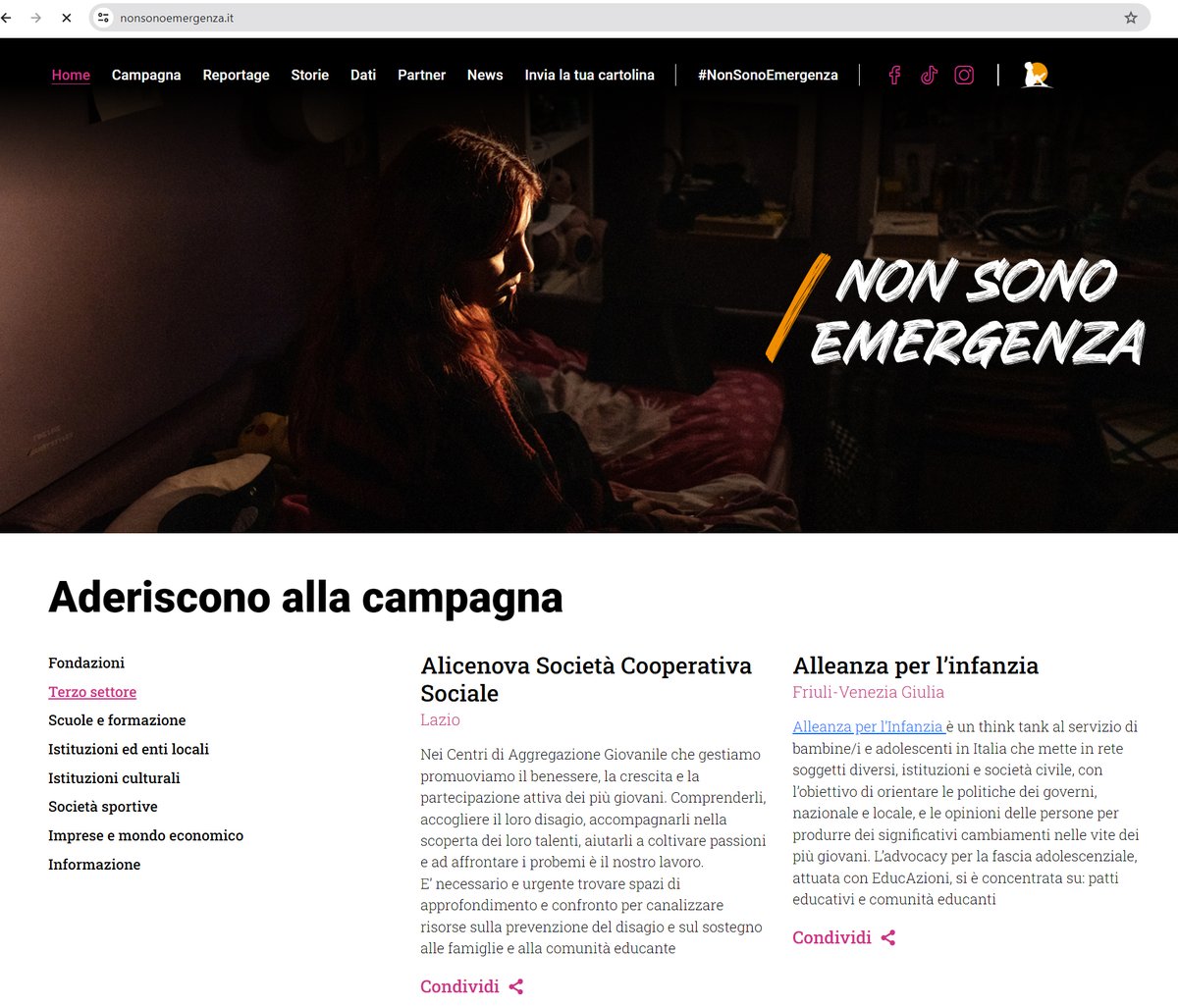 ALLEANZA PER L'INFANZIA ADERISCE ALLA CAMPAGNA "NON SONO EMERGENZA"
che getta luce sul profondo 
DISAGIO DEGLI ADOLESCENTI ITALIANI
#nonsonoemergenza
nonsonoemergenza.it
