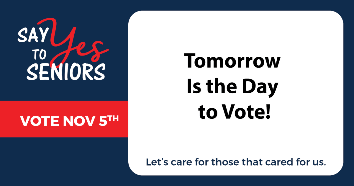 Tomorrow is election day - Say YES to Seniors!  The senior millage will help older adults maintain the highest level of independence possible, safely and with dignity.  Washtenaw County is 1 of only 9 counties in Michigan without a senior millage. Vote YES tomorrow!