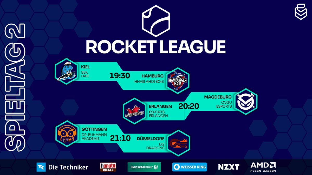 🚨2. Spieltag Rocket League 🚨

📺️twitch.tv/uniliga

⚔️@esportkiel vs. <a href="/HamburgerHaie/">Hamburger Haie</a>
⚔️@esportserlangen vs. <a href="/ovguesports/">OVGU Esports</a>
⚔️<a href="/HNVR_Esports/">HNVR Esports (ROSSMANN Centaurs & RECKEN Rockets)</a> vs. <a href="/ddorf_gaming/">Düsseldorf Gaming</a>

🎬️AnotherNoOne
🎙️<a href="/MachtFisch/">Georg 'MachtFISCH' L.</a>, <a href="/th3other0ne/">FACEIT Juli4n</a>, <a href="/WindgraceRL/">Windgrace</a> &amp; <a href="/tiz_itis/">Tizian Bressem</a>