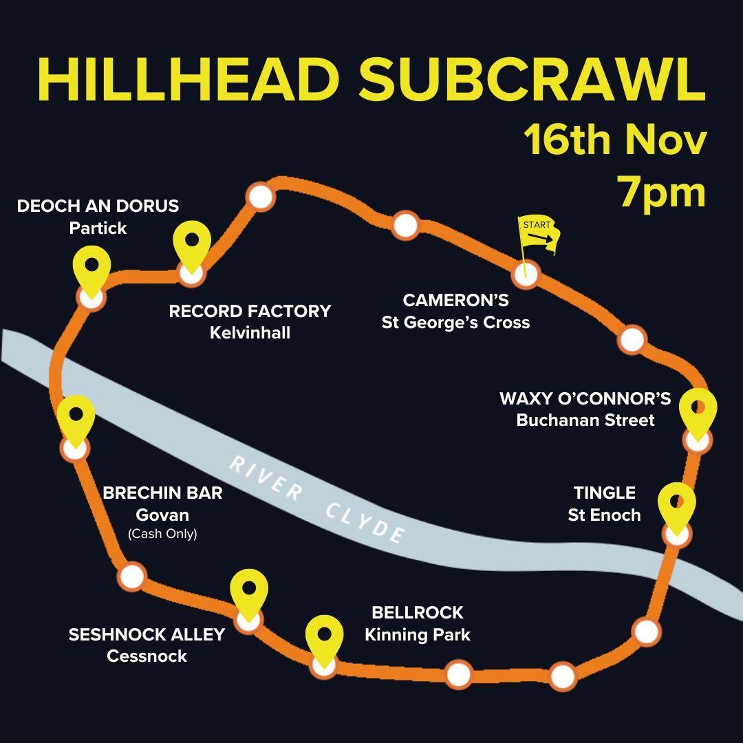 Our next event is a classic: The Glasgow Subby!

For those who haven’t been on one before, it’s a pub crawl around Glasgow’s Subway, stopping for a drink at each station. You’ll need an all-day Subway ticket.
📅: Saturday 16th November 
⏰: 7PM start