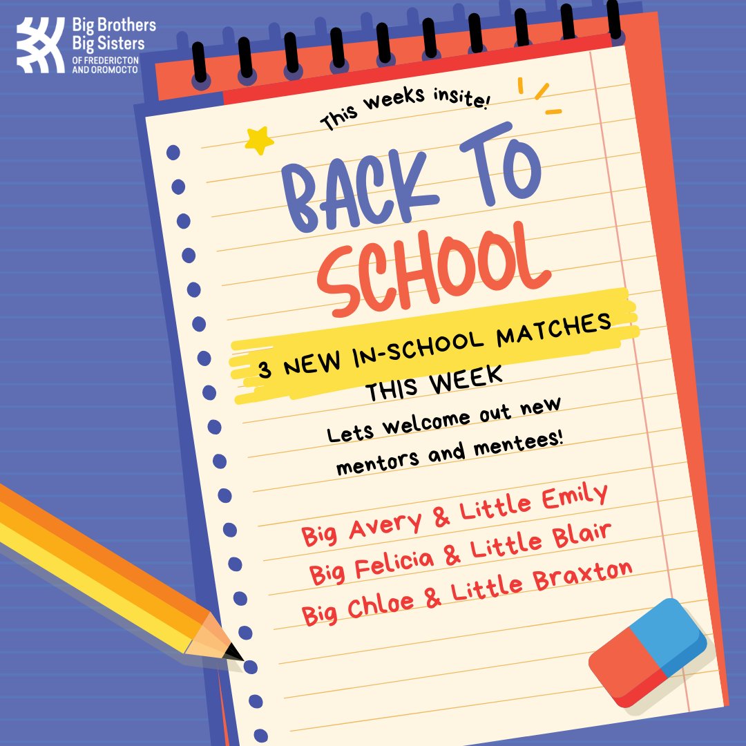 Happy #MatchMonday! 📷
This past week, we matched 3 new students with their Bigs. 
A short time together can make a huge impact.
Can you see yourself or someone you know being an in-school mentor? Help us #endthewait.
fredericton.bigbrothersbigsisters.ca/volunteer/