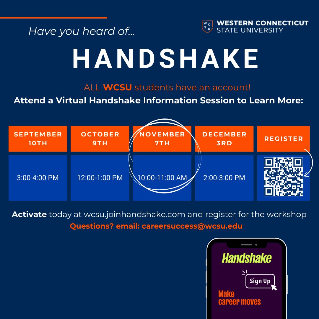 🚀 Ready to elevate your career? Sign up for Handshake today to discover job opportunities and internships tailored just for you! All WCSU students have an account. Join us for a virtual Handshake information session on November 7th to learn more. Don’t miss out! 🌟
