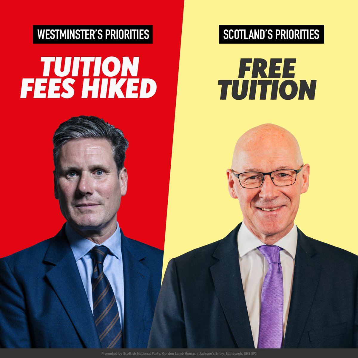 theSNP's tweet photo. 🚨 CONFIRMED: Labour is raising tuition fees in England for the first time in eight years. 🚨

Starmer’s Labour Party is looking at ways to reintroduce tuition fees via the back door in Scotland. 

The SNP is clear - no tuition fees in Scotland. https://t.co/GXKG6CUls1