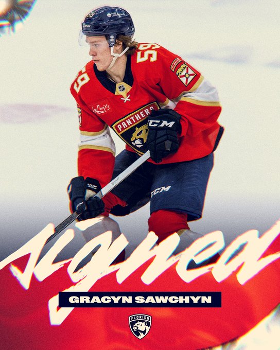 Graphic announcing we've signed Gracyn Sawchyn.

At the top there's a photo of him skating in full gear and a red home jersey. Below the photo it reads "signed" in beige, cursive font and his name 'Gracyn Sawchyn' sits in a navy box below it.