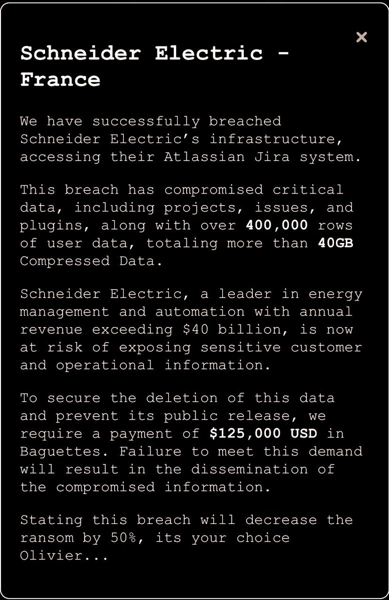 Schneider Electric allegedly breached by HellCat Ransomware claiming access to their Atlassian Jira system.