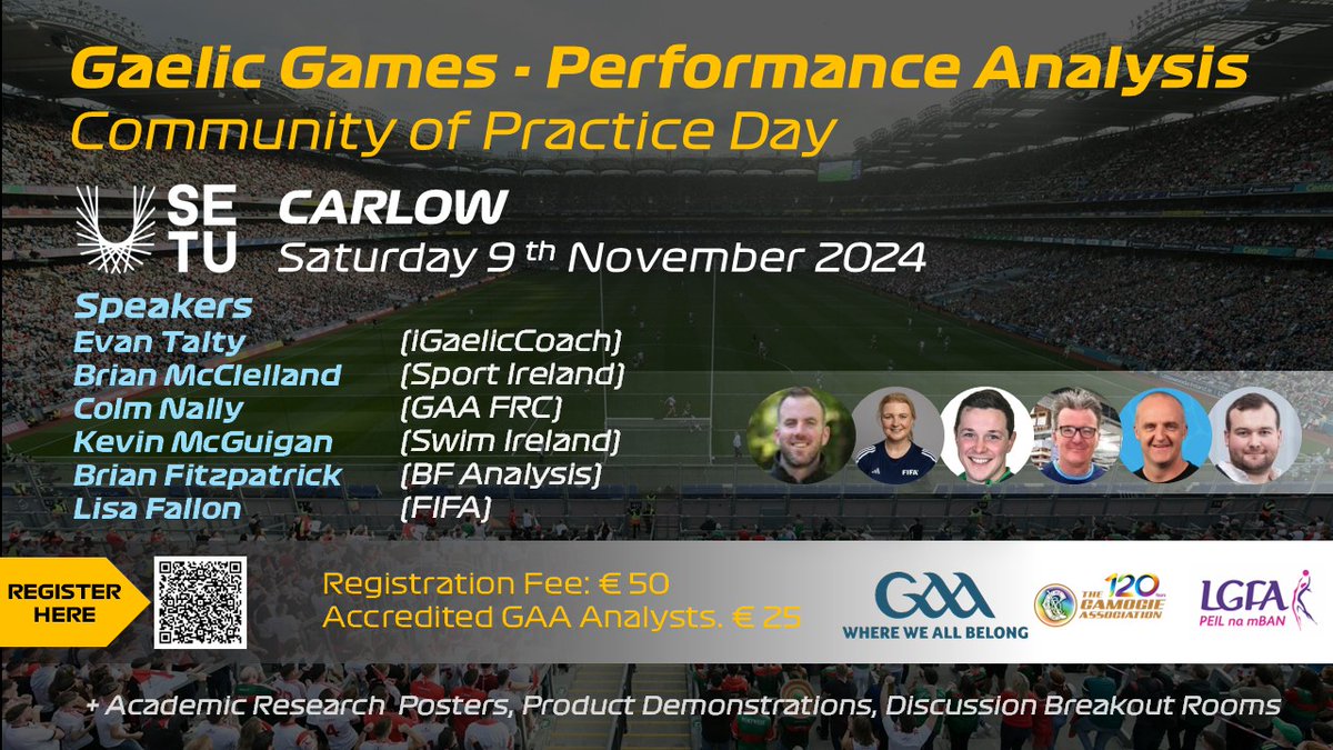 gaalearning's tweet image. 📢Gaelic Games Performance Analysis Community of Practice Day returns to SETU Carlow this Saturday 9th November 2024. Limited tickets available. Book now at  universe.com/GaelicGamesPAE…… Check out the line up below. A day not to be missed