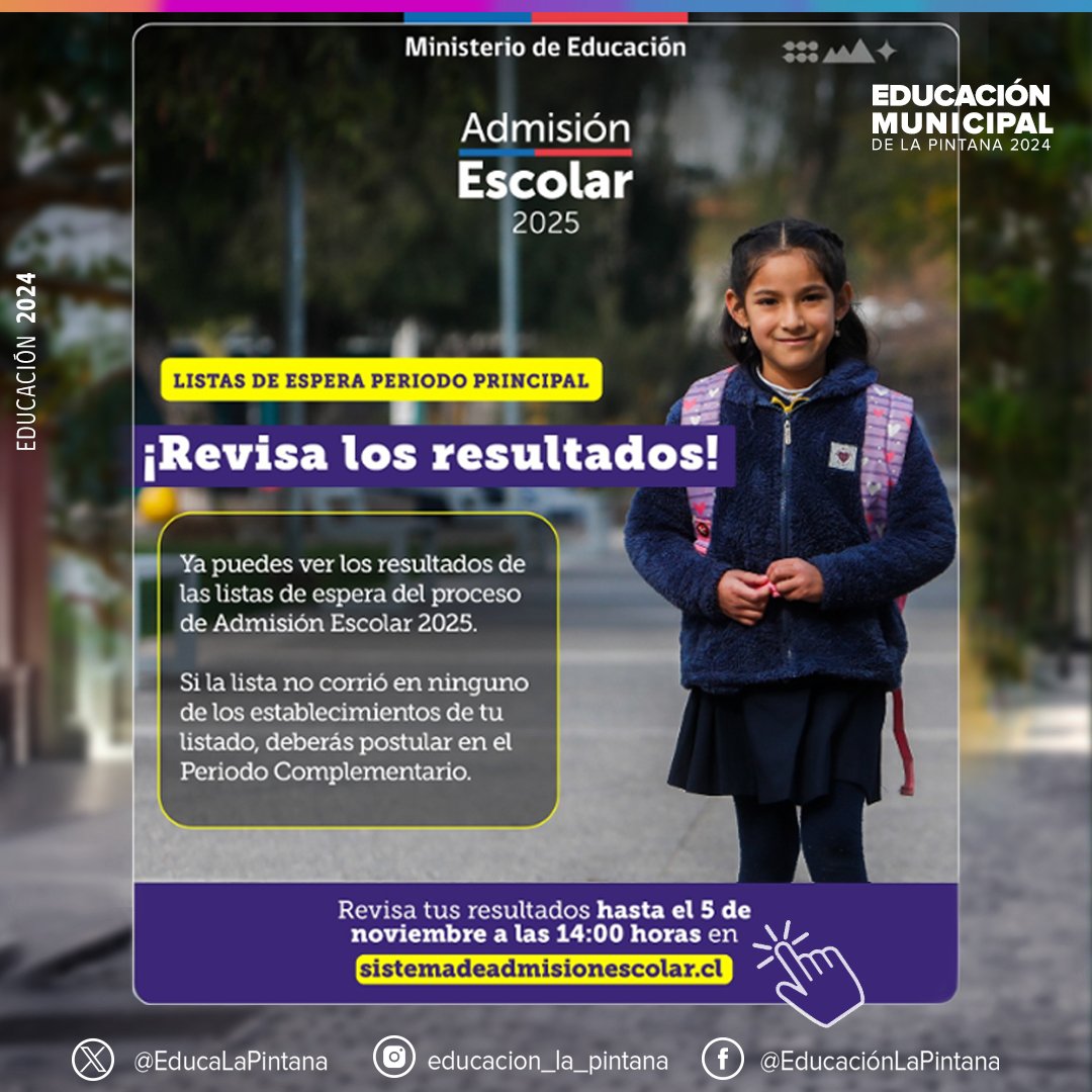🚨RECORDATORIO​🚨
Revisa los resultados de listas de espera hasta mañana 5 de noviembre a las 14:00 horas. Si no fuiste asignado(a) a ningún establecimiento, deberás volver a postular en el Periodo Complementario de Postulación.​

Ingresa a sistemadeadmisionescolar.cl
<a href="/MuniLaPintana/">Municipalidad de La Pintana</a>