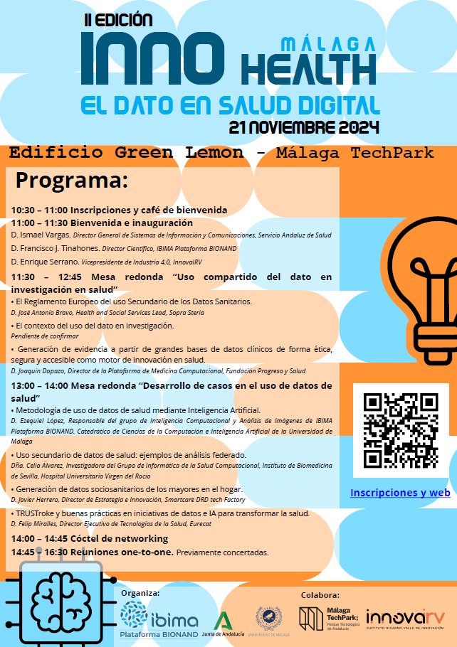 xdopazo's tweet photo. Nos vemos el próximo 21 de noviembre en: El dato en salud digital, #InnoHealth @_ibima @innovairv Hablando de como generar evidencia con datos clínicos de forma ética y segura. @FProgresoysalud @ibis_sevilla @INB_Official @CIBERER https://t.co/s6DJV702gn