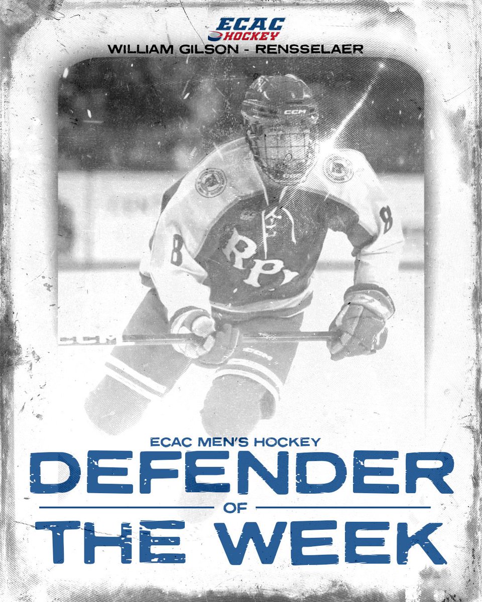 <a href="/bluebirdhotels/">Bluebird Hotels</a> <a href="/CornellMHockey/">Cornell Men’s Ice Hockey</a> <a href="/RidertownUSA/">Cedar Rapids RoughRiders</a> Defender of the Week: William Gilson (@rpi_hockey)

Gilson got the job done! After notching an assist in RPI’s overtime win against Miami University, the junior secured the sweep for the Engineers with the game winning goal in Saturday's matchup.

#ECACHockey