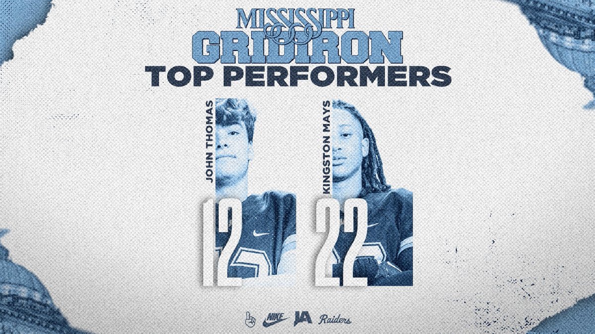Congrats to these two Raiders for being named MS Gridiron Top Performers for their performance last week.

John Thomas - 3 catches, 127yds, 1 TD

Kingston Mays - !0 carries, 104yds, 1 TD

#WeAreJA 
#ChangeYourBest