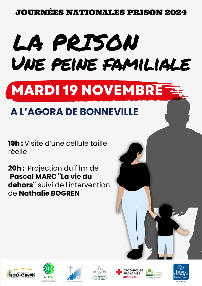 #prison une peine familiale
Dans le cadre des #journeesnationales de la prison, la Croix-Rouge française de Bonneville et ses partenaires vous donnent rendez-vous mardi 19 novembre à l'Agora de Bonneville.