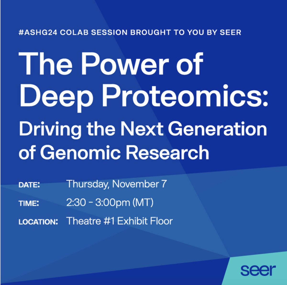 seer_bio's tweet photo. An exciting 2-part CoLab at @GeneticsSociety #ASHG24! This session will highlight #proteogenomic breakthroughs that leveraged Seer’s #Proteograph Product Suite. We invite you to join us. Learn more here: https://t.co/LCH5TzXTHy https://t.co/GxQ9aKMwzu