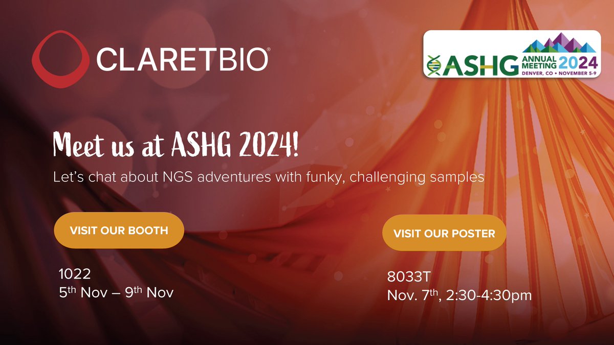 ClaretBio's tweet photo. Visit us at our #ASHG24 booth #1022 for the latest DNA and RNA library prep workflows using our single-stranded ligation approach. We've got a poster on #cfDNA for #prostatecancer #fragmentomics and a ring-toss game where you can win a free #SRSLY or #REALLY kit and Claret mugs. https://t.co/iUut4dmsEX