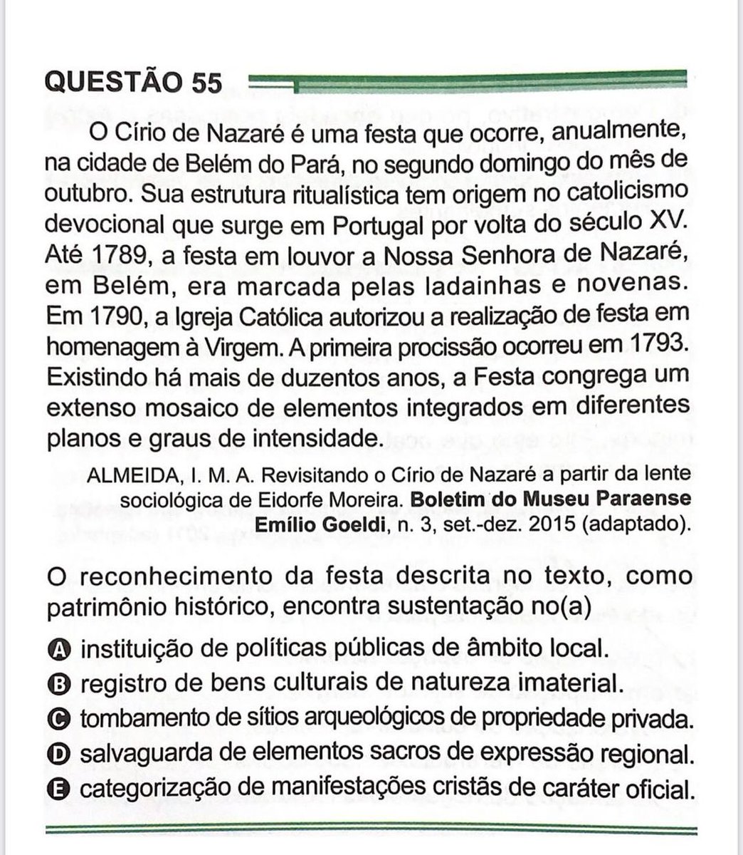📄 O artigo “Revisitando o Círio de Nazaré a partir da lente sociológica de Eidorfe Moreira”, de Ivone Maria Xavier de Amorim de Almeida, serviu de referência para a questão 55 do Exame Nacional do Ensino Médio. A publicação faz parte do Boletim do Museu Paraense Emílio Goeldi+