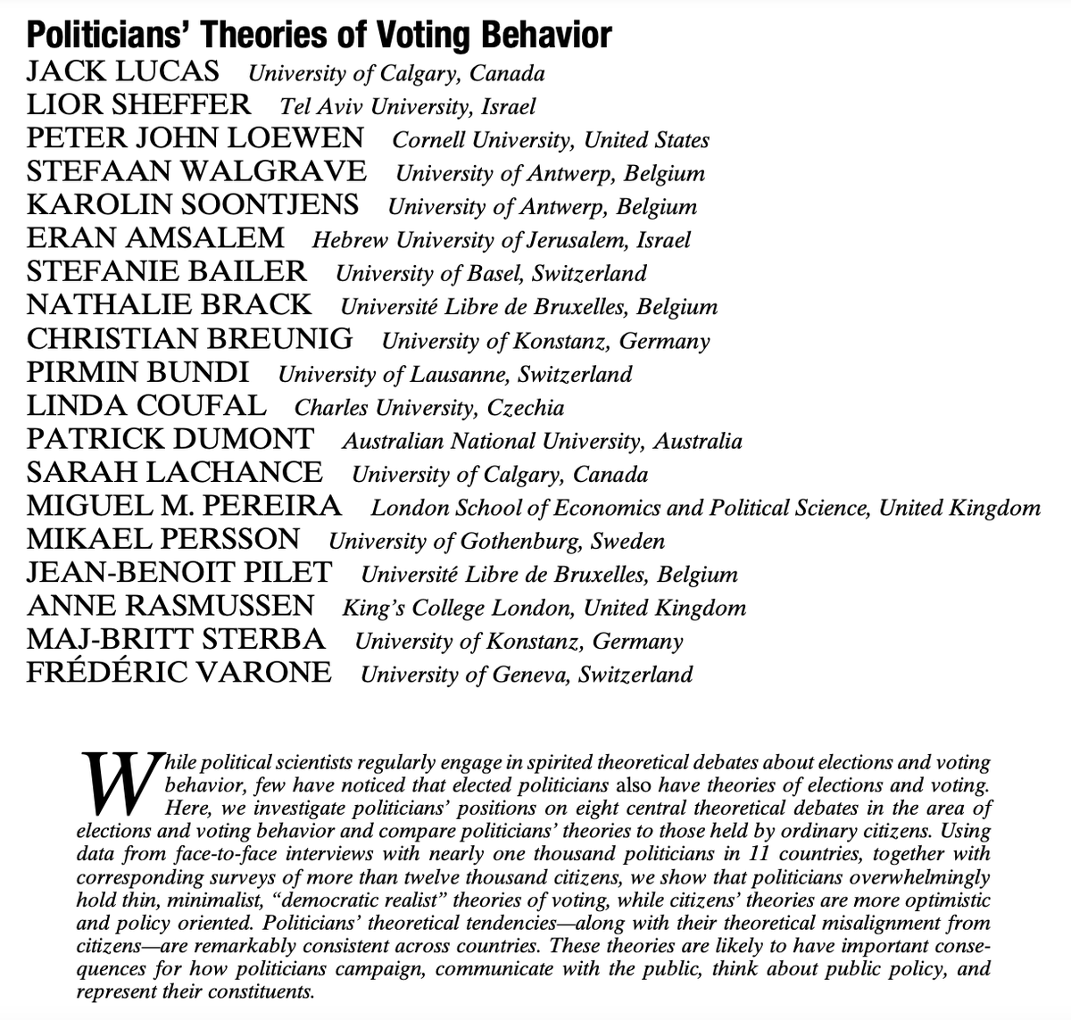Lior Sheffer (@liorsheffer) on Twitter photo Now in <a href="/apsrjournal/">American Political Science Review</a>: What do politicians think about their voters? Fielding face-to-face surveys to 982 sitting politicians in 11 countries, and surveys of 12,000 citizens, we find they have remarkably consistent - and cynical - theories of voters: /1
doi.org/10.1017/S00030โฆ Now in <a href="/apsrjournal/">American Political Science Review</a>: What do politicians think about their voters? Fielding face-to-face surveys to 982 sitting politicians in 11 countries, and surveys of 12,000 citizens, we find they have remarkably consistent - and cynical - theories of voters: /1
doi.org/10.1017/S00030โฆ