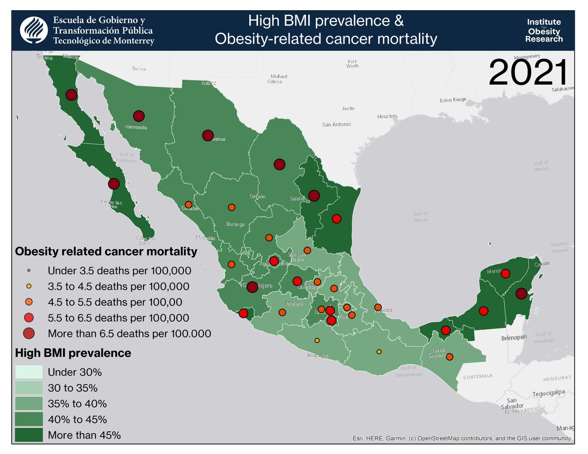 #30DayMapChallenge Día 1: Puntos

El sobrepeso/obesidad (HBMI) en México pasó del 22.5% en 1990 al 41.2% en 2021

Según la <a href="/CDCgov/">CDC</a>, 13 tipos de cáncer se asocian a obesidad y la mortalidad en México, también ha incrementado

<a href="/IOR_Obesity/">Institute for Obesity Research</a> <a href="/EGobiernoyTP/">Escuela de Gobierno</a> <a href="/IHME_UW/">Institute for Health Metrics and Evaluation (IHME)</a> <a href="/DrRafaelLozano/">Rafael Lozano</a>