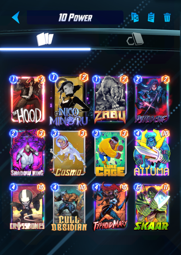 Zabuno_'s tweet photo. Are you bored of playing Agent Venom for a month now ?

This deck is a solid competitive alternative in this AV meta.
Luke Cage might be replaced by Killmonger to counter Bounce, but he fits well with Typhoid and is a direct counter to Scream move and affliction decks

@SnapDecks https://t.co/Lg5cS6jclU