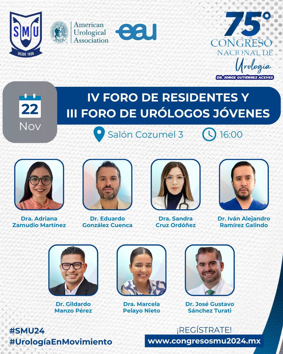 Registro y programa completo: 👇🏻

congresosmu2024.mx 

Nos vemos en Cancún!! ☀️🌊🏝️

#UrologíaEnMovimiento #SMU2024