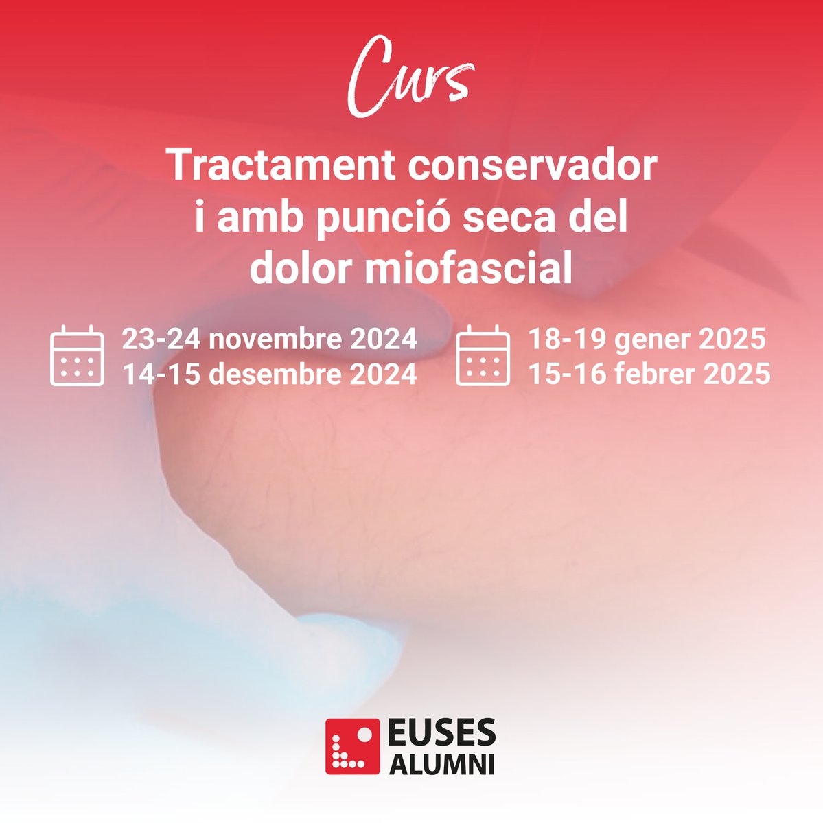 Cursos:
🤔 23 nov: 10a edició del curs "Tractament conservador i amb punció seca del dolor miofascial".
🫣 23-24 nov i 14-15 des: "Abordatge fisioterapèutic dels trastorns temporomandibulars i del dolor orofacial"
🧐 14 des i 18 gener: “Neurodinàmica clínica”