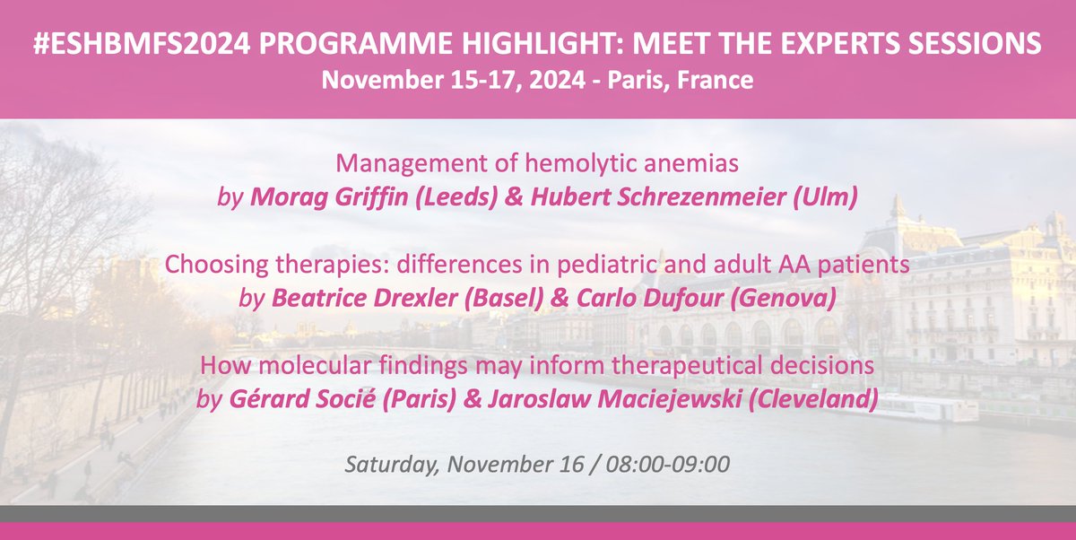 ESH (Haematology) (@eshaematology) on Twitter photo 📣 #ESHBMFS2024 PROGRAMME HIGHLIGHT ➡ bit.ly/3QL8Ja0
ESH-EBMT-EHA-IPIG 3rd Translational Research Conference: Bone Marrow Failure & Leukaemia Predisposition Syndromes
🗓️ Nov. 15-17, 2024
Chairs: <a href="/CarmemBonfim1/">Carmem Bonfim</a>, <a href="/brummendorf/">Tim Brümmendorf</a>, A. Risitano, <a href="/SharonSavageMD/">Sharon A. Savage, M.D.</a>
#ESHCONFERENCES 📣 #ESHBMFS2024 PROGRAMME HIGHLIGHT ➡ bit.ly/3QL8Ja0
ESH-EBMT-EHA-IPIG 3rd Translational Research Conference: Bone Marrow Failure & Leukaemia Predisposition Syndromes
🗓️ Nov. 15-17, 2024
Chairs: <a href="/CarmemBonfim1/">Carmem Bonfim</a>, <a href="/brummendorf/">Tim Brümmendorf</a>, A. Risitano, <a href="/SharonSavageMD/">Sharon A. Savage, M.D.</a>
#ESHCONFERENCES