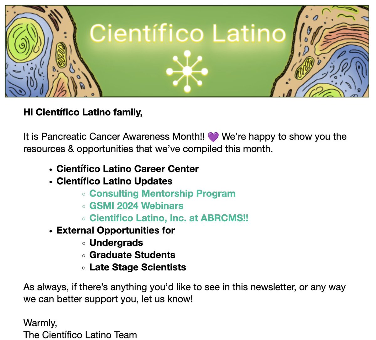 cientificolatin's tweet image. 🌟 Happy November!!! 🍂✨ Check out this month’s newsletter for all the latest updates! 📰💌 Stay tuned for exciting highlights, resources, and opportunities! 🚀📚 

mailchi.mp/cientificolati…

#CientificoLatinos 
#LatinxInSTEM 
#ScienceCommunity 
#STEMNews 
#LatinoScientists