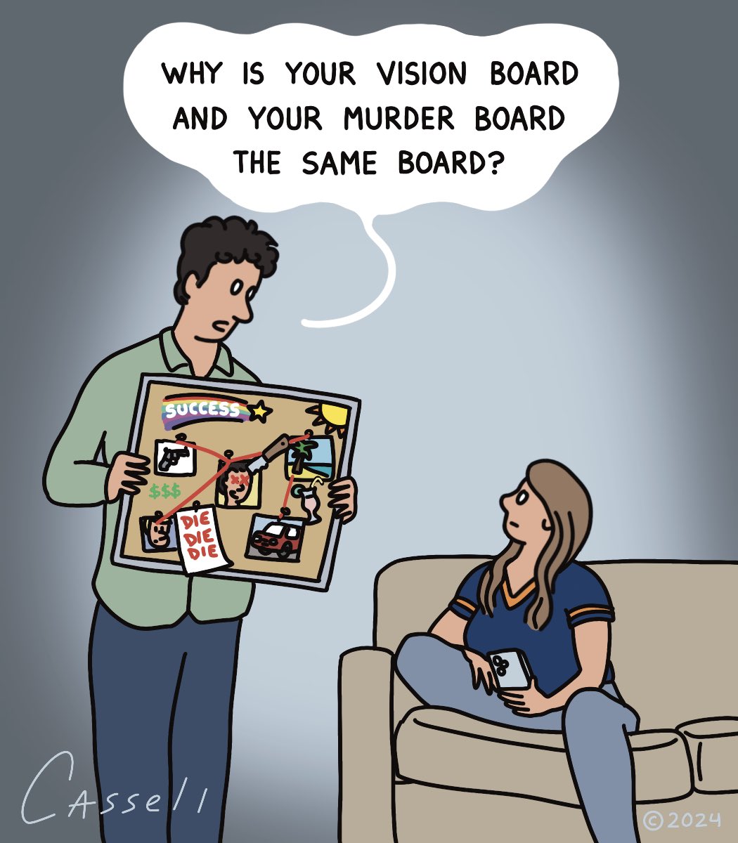 CassellComics's tweet photo. Also, why am I on the board? Follow for more and visit https://t.co/j1zdCWZoSu #comics #comic #comicstrip #comicstrips #webcomic #webcomics #instacomics #comicsofinstragram #cassellcoimcs #visionboard #murderboard #relationship #vision #murder https://t.co/0uRMGwWKaG