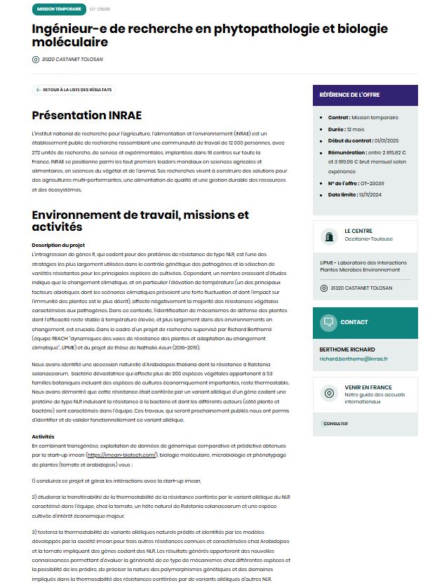 [#Job] Ingénieur-e de recherche en phytopathologie &amp; biologie moléculaire avec l'équipe #Lipme_Reach &amp; #imean
▶️Mission temporaire de 12 mois 
▶️Début du contrat 01/01/25 
▶️Date limite 13/11/24
Rémunération  entre 2 815.82 € et 3 189.96 € brut mensuel
🔗jobs.inrae.fr/ot-23039