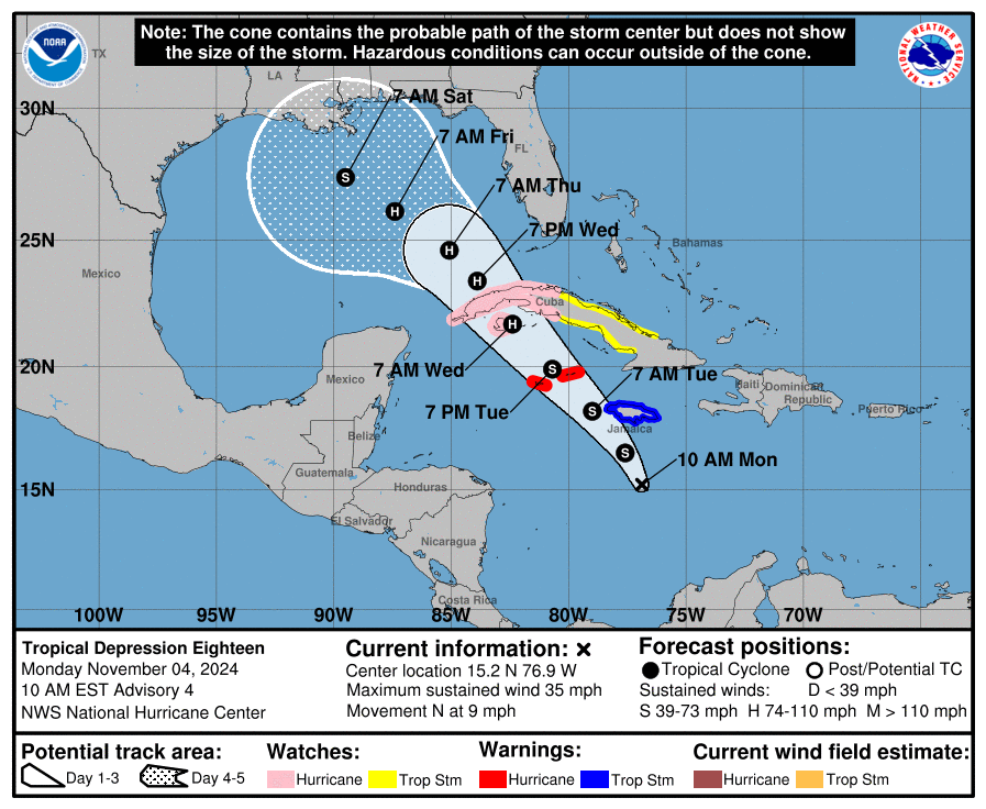 BlakeMathewsWX's tweet photo. #BREAKING: Tropical Depression 18 has formed. Hurricane Warning in place for the Caymen Islands, Hurricane Watch for Cuba.
Likely not a Texas threat but watch it anyway. Remember, hurricane season runs through November 30th. #TDEM https://t.co/tzxFOX8olM