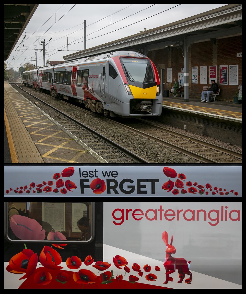 kwpartlow's tweet image. GA class 755 No.755414 in Poppy livery at Stowmarket on 4th November 2024 working 2W13 10:46 Cambridge-Ipswich.#class755 #Stadler #stowmarket #LestWeForget