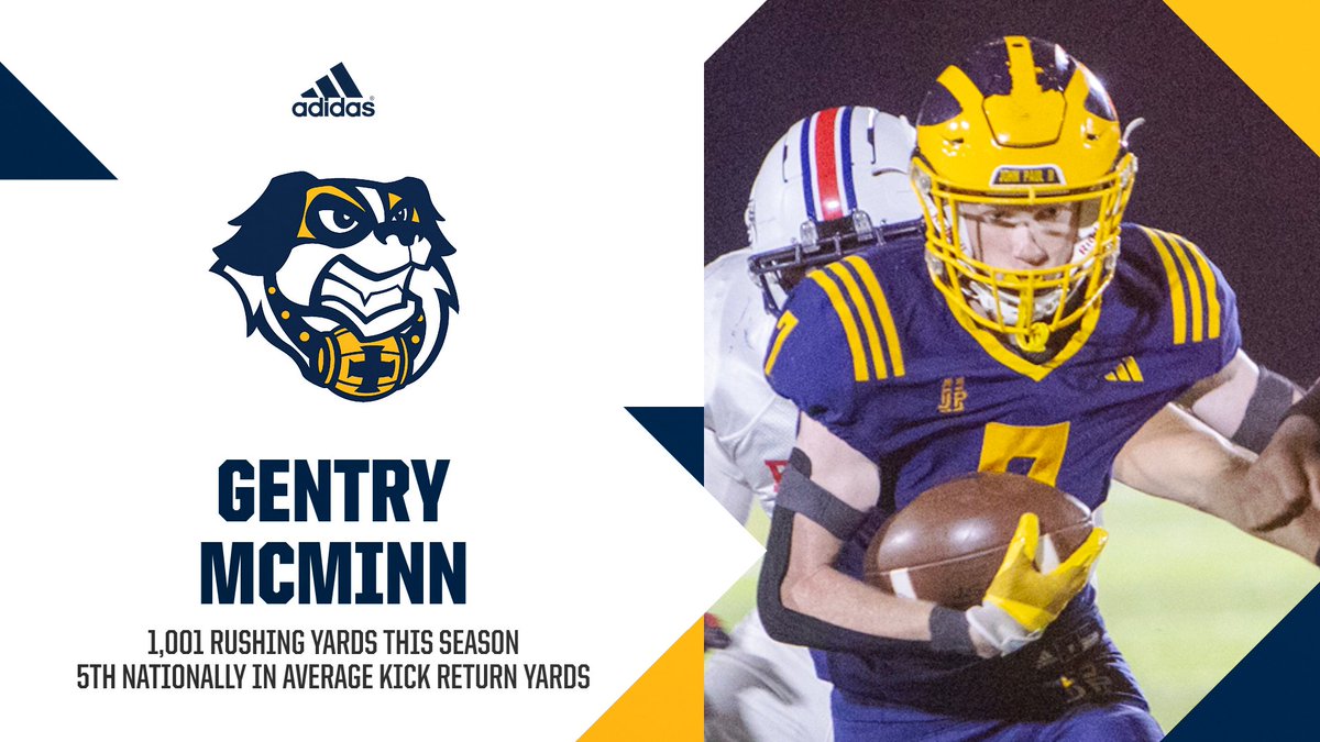 John Paul II Catholic High School Sports (@jp2sports) on Twitter photo During Friday's varsity football win, junior <a href="/GentryMcMinn7/">Gentry McMinn</a> rushed for 222 yards on 15 carries, taking him over 1,000 yards for the season. He also ranks 5th NATIONALLY in average kick return yards with 41 yards per return. Congrats Gentry! During Friday's varsity football win, junior <a href="/GentryMcMinn7/">Gentry McMinn</a> rushed for 222 yards on 15 carries, taking him over 1,000 yards for the season. He also ranks 5th NATIONALLY in average kick return yards with 41 yards per return. Congrats Gentry!