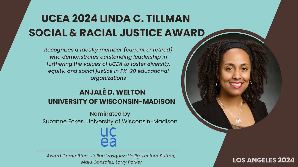 UCEA (@ucea) on Twitter photo We congratulate all #UCEA24 Award Winners and look forward to celebrating together in Los Angeles! We are especially honored to recognize Dr. Anjalé D. Welton <a href="/DrAjWelton/">Anjalé "AJ"</a> as this year’s Linda C. Tillman Social & Racial Justice Award co-recipient! <a href="/DrMoniByrne/">Mónica Byrne-Jiménez</a> <a href="/UCEAJSN/">Jackson Scholars Network</a> <a href="/UCEAGSC/">UCEA GSC</a> We congratulate all #UCEA24 Award Winners and look forward to celebrating together in Los Angeles! We are especially honored to recognize Dr. Anjalé D. Welton <a href="/DrAjWelton/">Anjalé "AJ"</a> as this year’s Linda C. Tillman Social & Racial Justice Award co-recipient! <a href="/DrMoniByrne/">Mónica Byrne-Jiménez</a> <a href="/UCEAJSN/">Jackson Scholars Network</a> <a href="/UCEAGSC/">UCEA GSC</a>