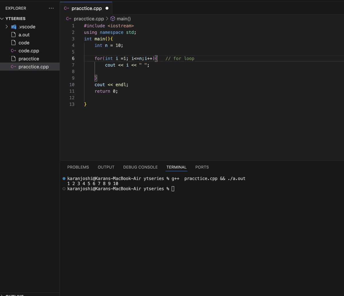 (for loop) use print 1 to 10 numbers.
<a href="/X/">X</a> 
#Cplusplus
#Cpp
#Programming
#Coding
#SoftwareDevelopment