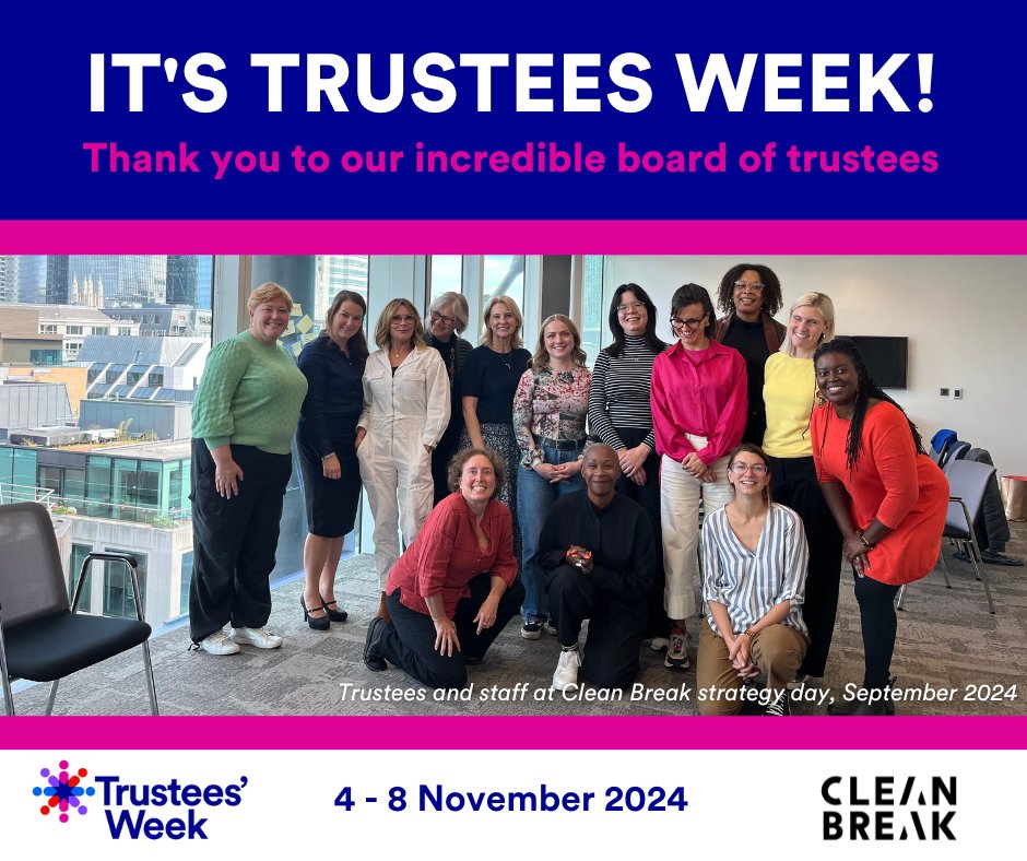 CleanBrk's tweet photo. We are so grateful to our brilliantly knowledgeable, skilled, experienced and passionate board of Trustees, who ensure that Clean Break remains a sustainable organisation which stays true to its values. #TrusteesWeek

Read about our co-chairing model: https://t.co/JRqdUN6JEg https://t.co/QtO8rZLaAr