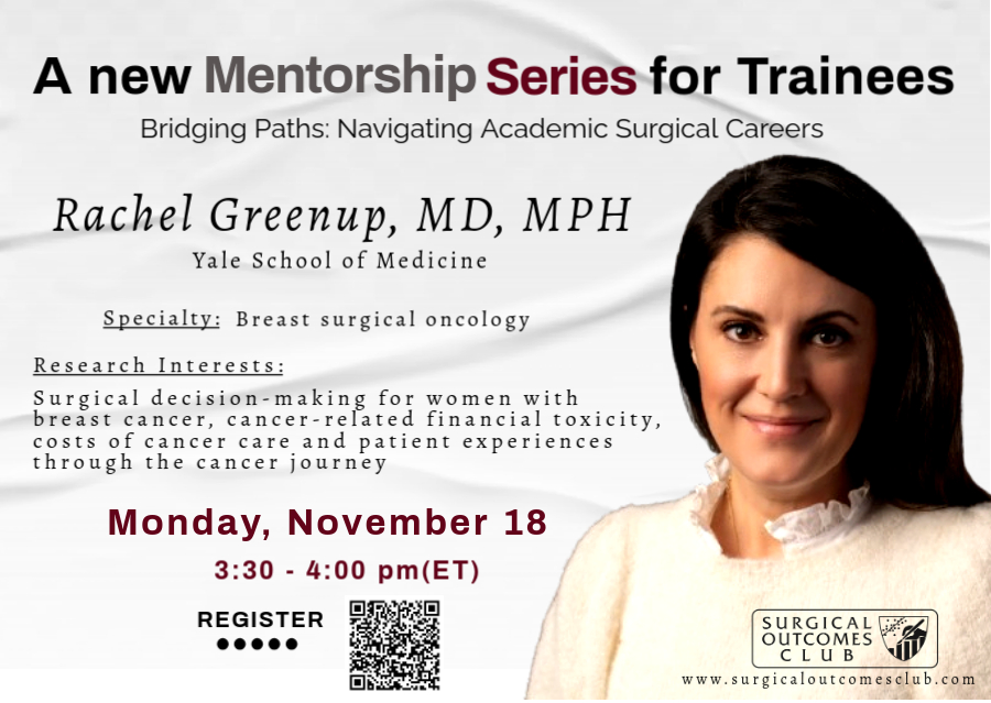 SurgicalOutcomesClub (@surgoutcomes) on Twitter photo We are excited to share that the first installment of our new mentorship series for trainees is planned for Monday, Nov. 18th @ 3:30-4 pm ET and will feature <a href="/GreenupRachel/">Rachel Adams Greenup</a> ‼️
Register here: umich.zoom.us/webinar/regist… We are excited to share that the first installment of our new mentorship series for trainees is planned for Monday, Nov. 18th @ 3:30-4 pm ET and will feature <a href="/GreenupRachel/">Rachel Adams Greenup</a> ‼️
Register here: umich.zoom.us/webinar/regist…