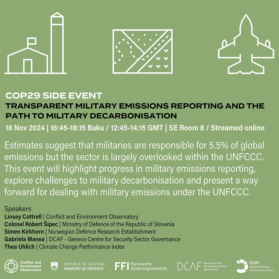 Excited to be collaborating on two #COP29 side events on 18/11. One explores emerging #military practice on greenhouse gas emissions reporting and decarbonisation. 1/2 #COP29Azerbaijan