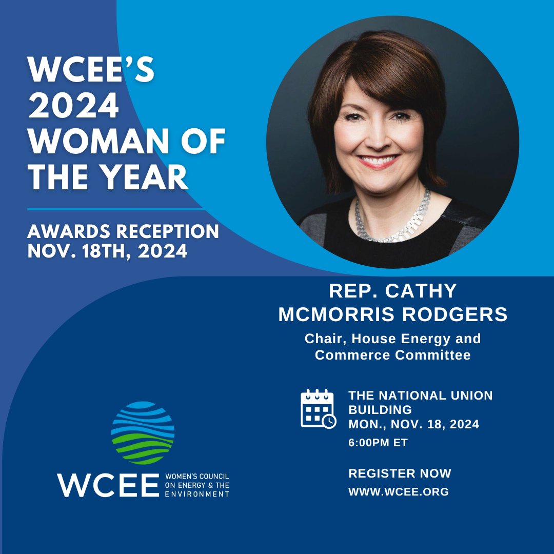 WCEE is delighted to announce our Woman of the Year Rep. Cathy McMorris Rodgers! Please join us Nov. 18 for WCEE’s Annual Awards Reception to celebrate! Register at: wcee.org