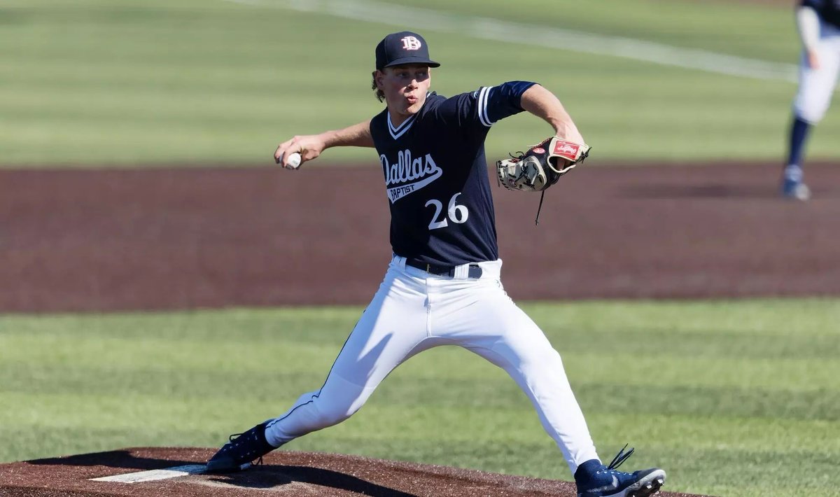 d1baseball's tweet photo. Long and projectable at 6-foot-5, 200 pounds, @JamesEllwanger6 quickly passes the eye test.

The @DBU_Baseball righty's primary weapon is a mid-90s heater that touched 99 last year, and with more polish, he could move into the #MLBDraft's first round.

🔗 https://t.co/X8V6Tdb6ZV https://t.co/i72p70VN3n