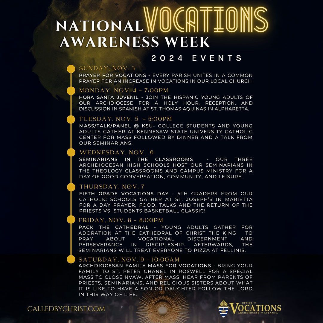 RCAtl's tweet image. 🌟 National Vocations Awareness Week 🌟 Join us in celebrating &amp;amp; praying for vocations w/ special events across Archdiocese of Atlanta! From Holy Hours and panels to family Masses &amp;amp; more, there’s something for everyone to be a part of. 🗓️ ✨

💛 #VocationsWeek #ArchATL #RCAtl